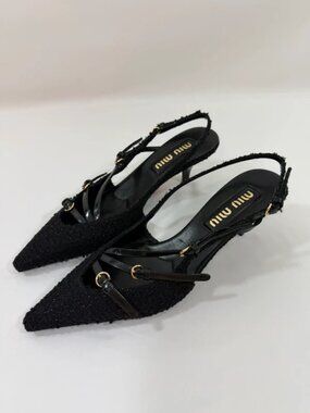 Buckle Trio Slingback Pumps Tweed Patent Leather Black